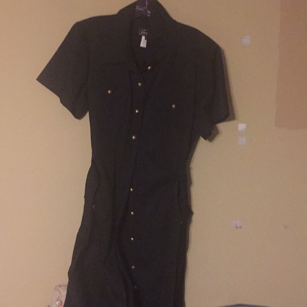 Black bleated button down dress with brass buttons